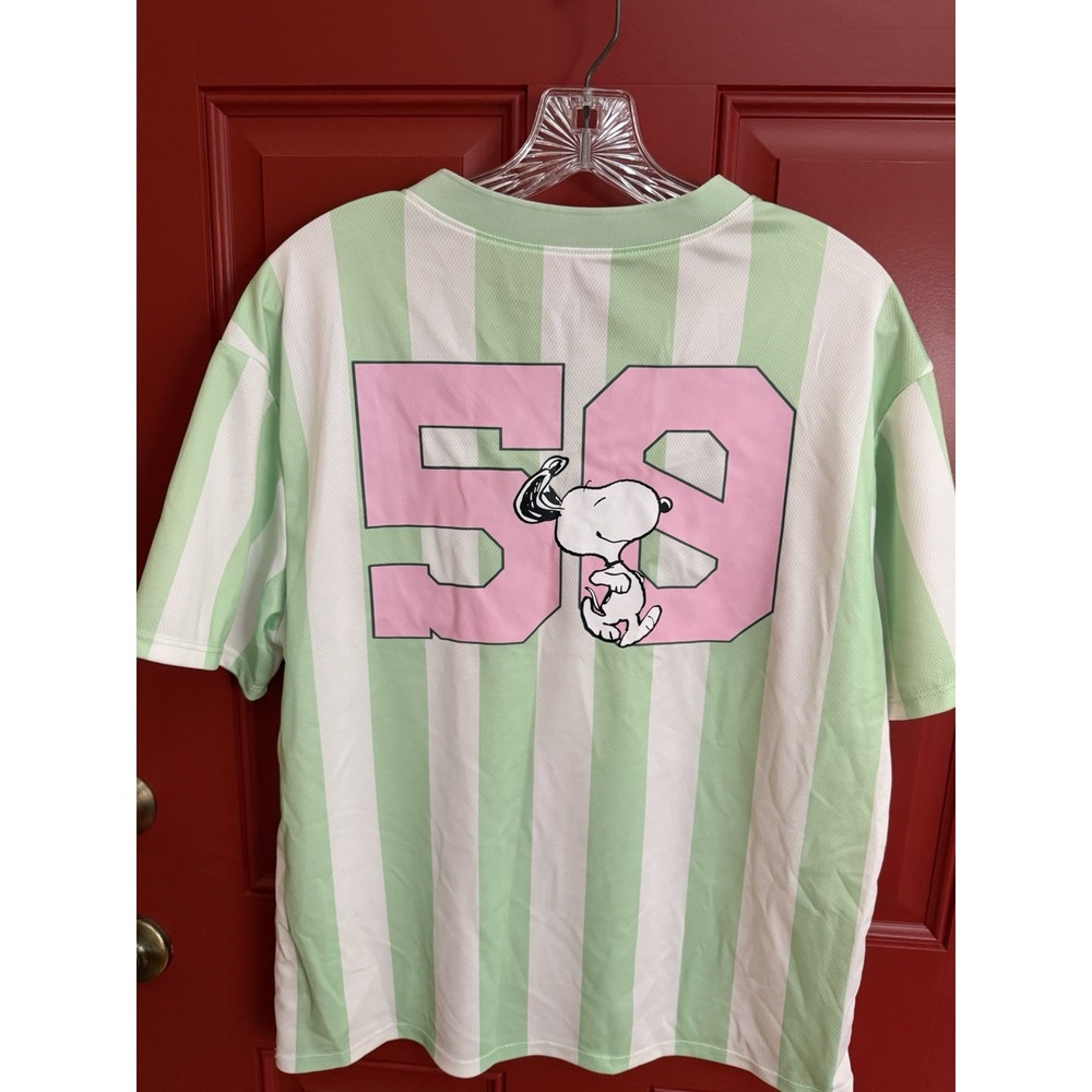 Peanuts Snoopy Hybrid Apparel V-Neck Striped Mesh Jersey Women's L Polyester - Picture 2 of 7